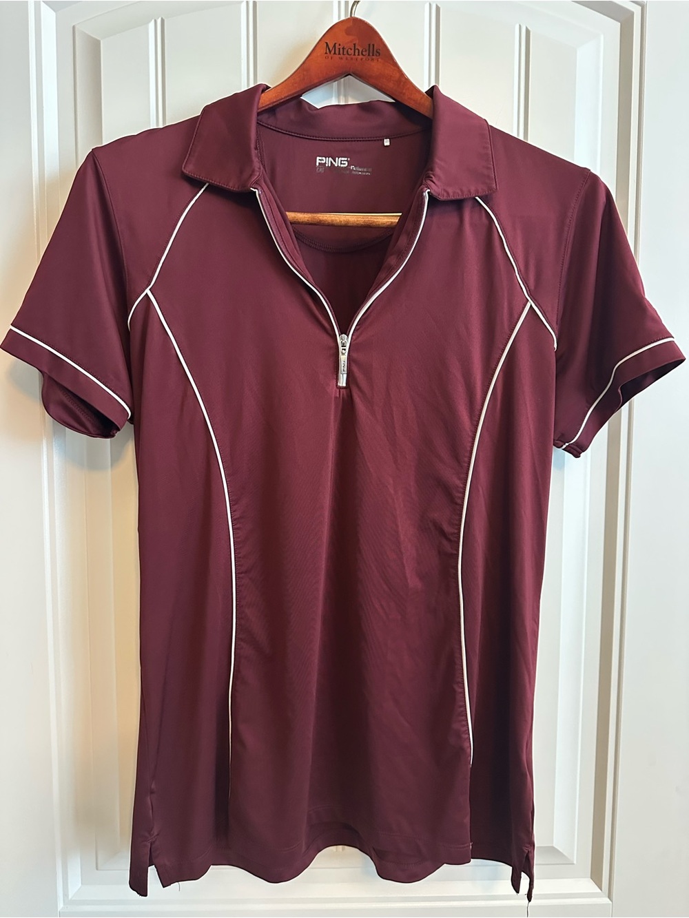 PING Women's Maroon Polo with White Piping and Quarter Zip